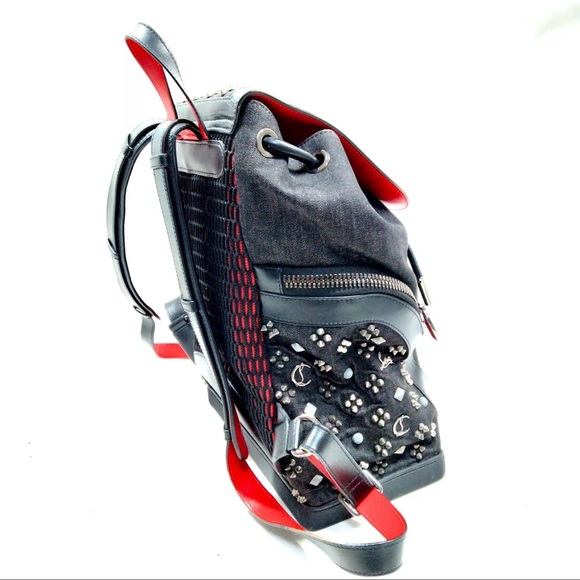 Christian Louboutin Studded Black denim and Red Backpack - Picture 3 of 11